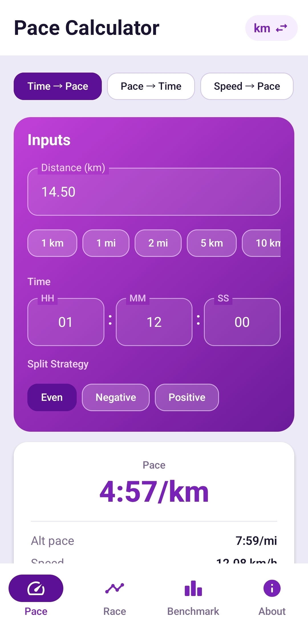 Distance Time Pace Calculator app screenshot